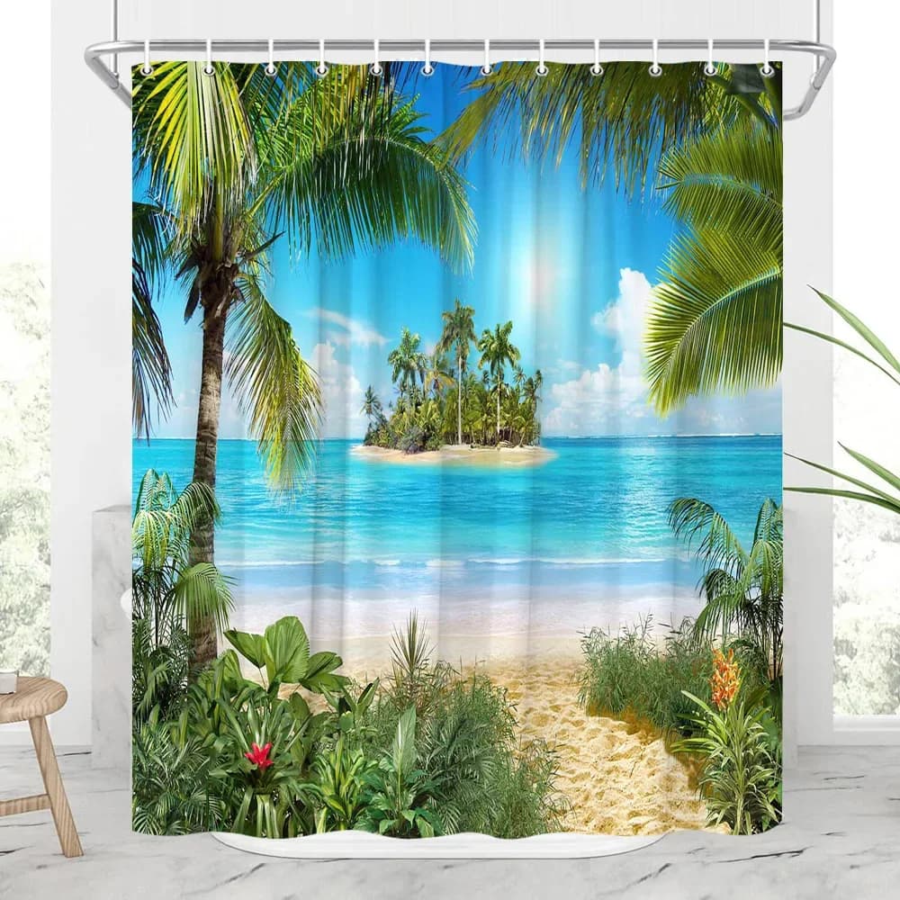 Rideau de douche extérieur paysage bord de mer, océan, plage, plantes tropicales, paysage naturel, f
