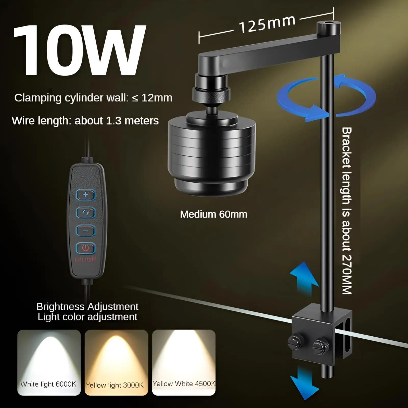 Projecteur d'aquarium LED avec 3 couleurs et gradation, mise au point réglable, lampe à clipser alim