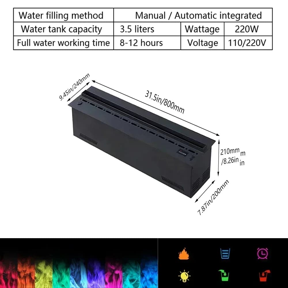 Cheminée électrique intelligente 3D avec humidificateur à vapeur d'eau, flamme décorative LED, son d