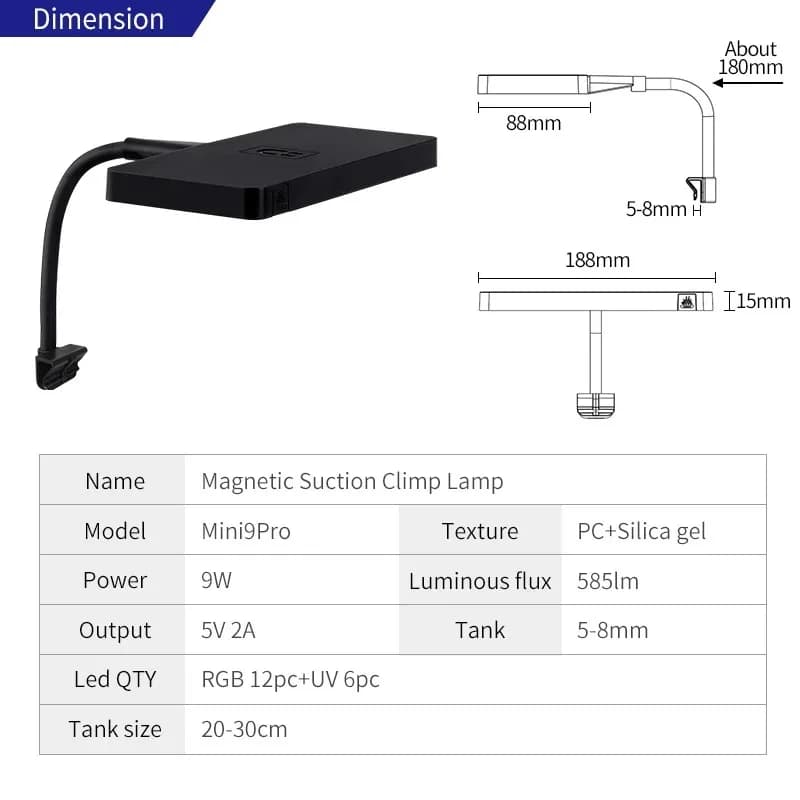 Lampe LED pour plantes d'aquarium WEEK AQUA Mini9Pro, spectre complet, USB, pour aquarium nano de bu